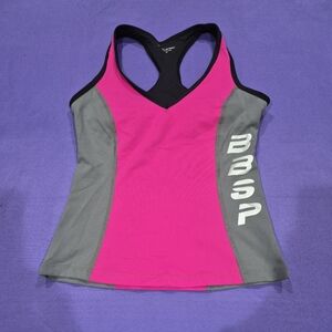 Bebe Sport Logo Black/Grey/Pink Open Back Tank w/Shelf Bra - XS/S.